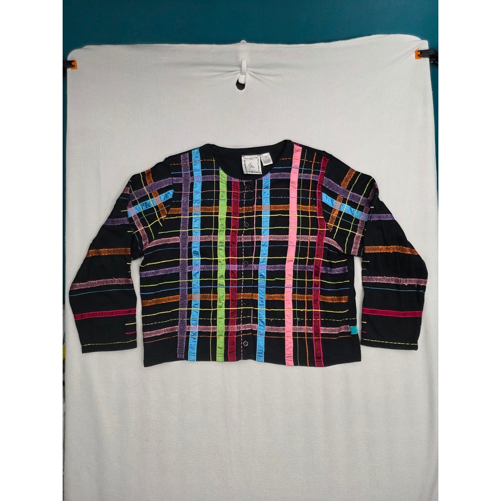 Michael Simon Lite Cardigan XL Black Rainbow Ribbon Cotton Knit Vintage Y2K Top
